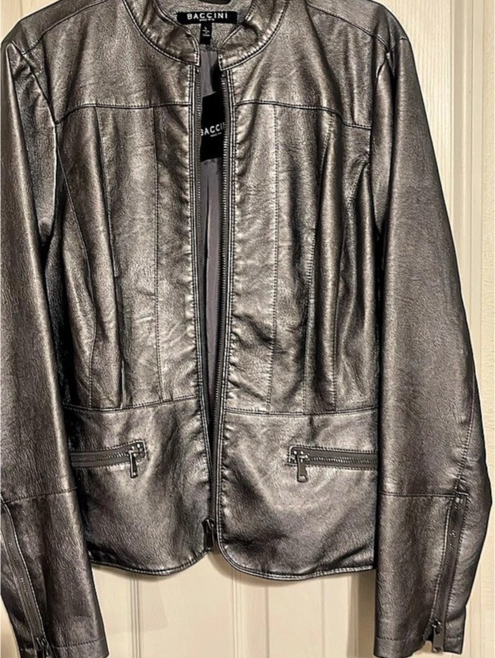 Baccini Metallic Faux Leather Moto Jacket Gray Medium